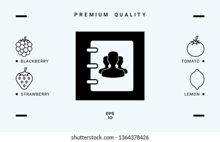 Notebook, address, phone book icon with symbol of group people . Graphic elements for your design