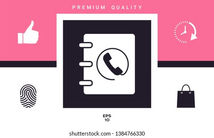 Notebook, address, phone book icon with handset symbol. Graphic elements for your design