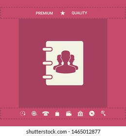 Notebook, address, phone book icon with symbol of group people . Graphic elements for your design