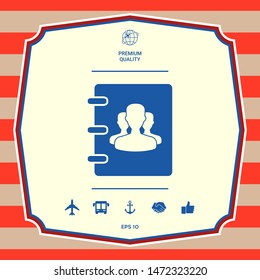 Notebook, address, phone book icon with symbol of group people . Graphic elements for your design