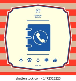 Notebook, address, phone book icon with handset symbol. Graphic elements for your design