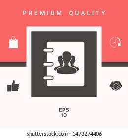 Notebook, address, phone book icon with symbol of group people . Graphic elements for your design