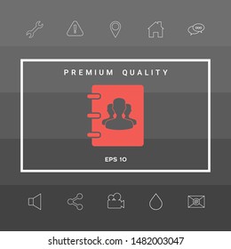 Notebook, address, phone book icon with symbol of group people . Graphic elements for your design