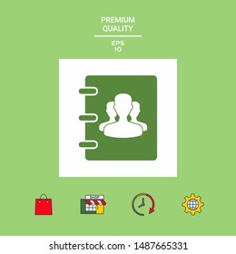 Notebook, address, phone book icon with symbol of group people . Graphic elements for your design