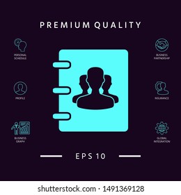 Notebook, address, phone book icon with symbol of group people . Graphic elements for your design