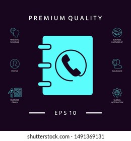Notebook, address, phone book icon with handset symbol. Graphic elements for your design