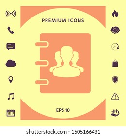 Notebook, address, phone book icon with symbol of group people . Graphic elements for your design