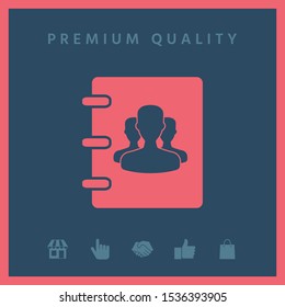 Notebook, address, phone book icon with symbol of group people . Graphic elements for your design