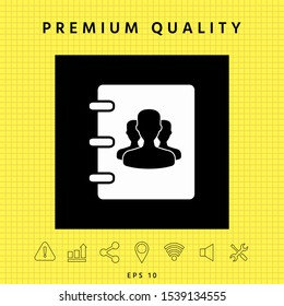 Notebook, address, phone book icon with symbol of group people . Graphic elements for your design