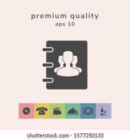 Notebook, address, phone book icon with symbol of group people . Graphic elements for your design