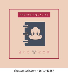 Notebook, address, phone book icon with symbol of group people . Graphic elements for your design