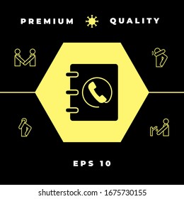 Portátil, dirección, icono de libreta de teléfonos con símbolo de teléfono. Elementos gráficos para el diseño