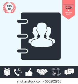 Notebook, address, phone book icon with symbol of group people 