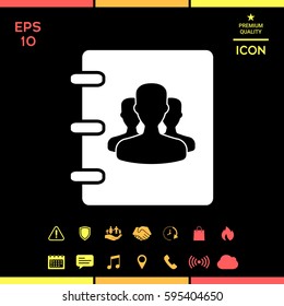 Notebook, address, phone book icon with symbol of group people 