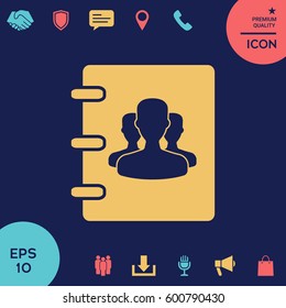 Notebook, address, phone book icon with symbol of group people 