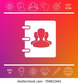 Notebook, address, phone book icon with symbol of group people 