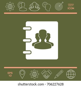 Notebook, address, phone book icon with symbol of group people 