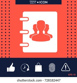 Notebook, address, phone book icon with symbol of group people 