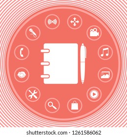 Notebook, address, phone book with pen symbol icon. Graphic elements for your design