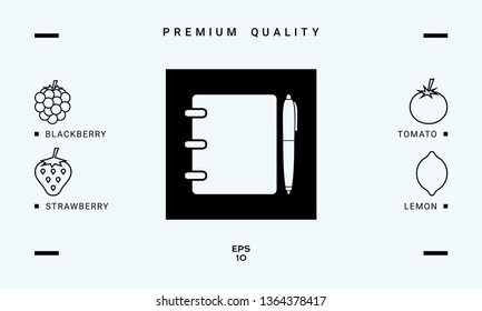 Notebook, address, phone book with pen symbol icon. Graphic elements for your design