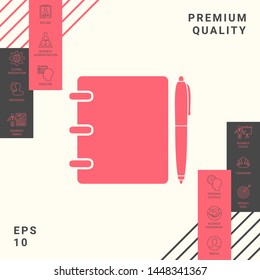 Notebook, address, phone book with pen symbol icon. Graphic elements for your design