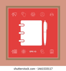 Notebook, address, phone book with pen symbol icon. Graphic elements for your design