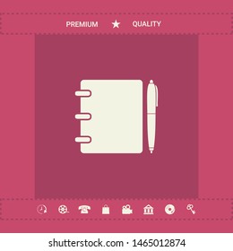Notebook, address, phone book with pen symbol icon. Graphic elements for your design