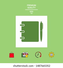 Notebook, address, phone book with pen symbol icon. Graphic elements for your design