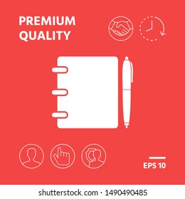 Notebook, address, phone book with pen symbol icon. Graphic elements for your design