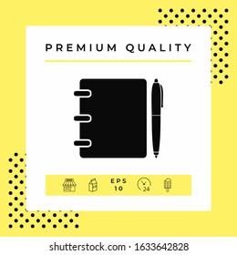 Notebook, address, phone book with pen symbol icon. Graphic elements for your design