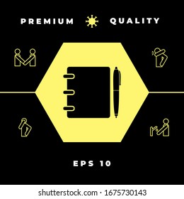 Notebook, address, phone book with pen symbol icon. Graphic elements for your design