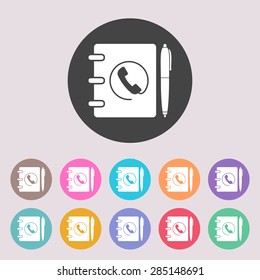 Notebook, address, phone book with pen icon. Set of colored icons.