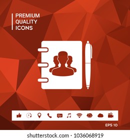 Notebook, address, phone book with symbol of group people and pen icon