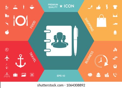 Notebook, address, phone book with symbol of group people and pen icon