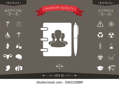 Notebook, address, phone book with symbol of group people and pen icon