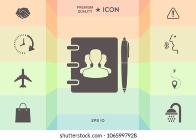Notebook, address, phone book with symbol of group people and pen icon