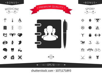Notebook, address, phone book with symbol of group people and pen icon
