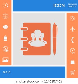 Notebook, address, phone book with symbol of group people and pen icon