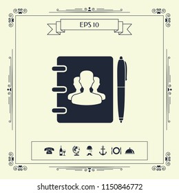 Notebook, address, phone book with symbol of group people and pen icon