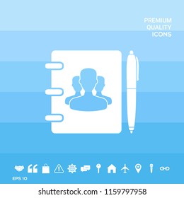Notebook, address, phone book with symbol of group people and pen icon
