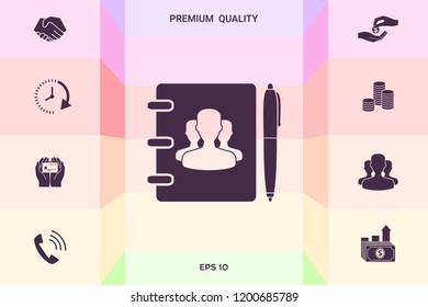 Notebook, address, phone book with symbol of group people and pen icon