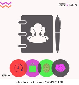 Notebook, address, phone book with symbol of group people and pen icon