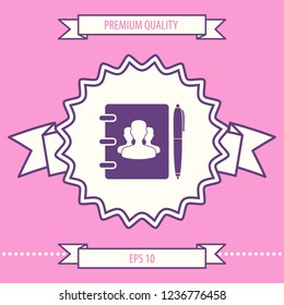 Notebook, address, phone book with symbol of group people and pen icon. Graphic elements for your design