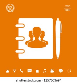 Notebook, address, phone book with symbol of group people and pen icon. Graphic elements for your design