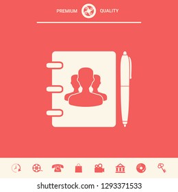 Notebook, address, phone book with symbol of group people and pen icon. Graphic elements for your design