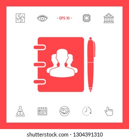 Notebook, address, phone book with symbol of group people and pen icon. Graphic elements for your design