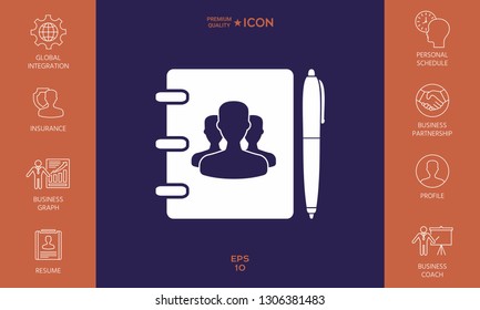 Notebook, address, phone book with symbol of group people and pen icon. Graphic elements for your design