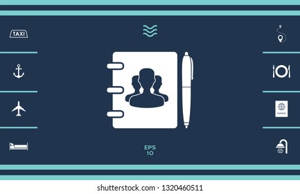Notebook, address, phone book with symbol of group people and pen icon. Graphic elements for your design