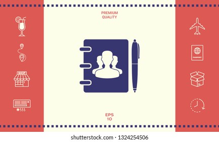 Notebook, address, phone book with symbol of group people and pen icon. Graphic elements for your design