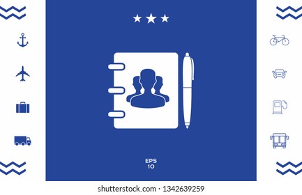 Notebook, address, phone book with symbol of group people and pen icon. Graphic elements for your design